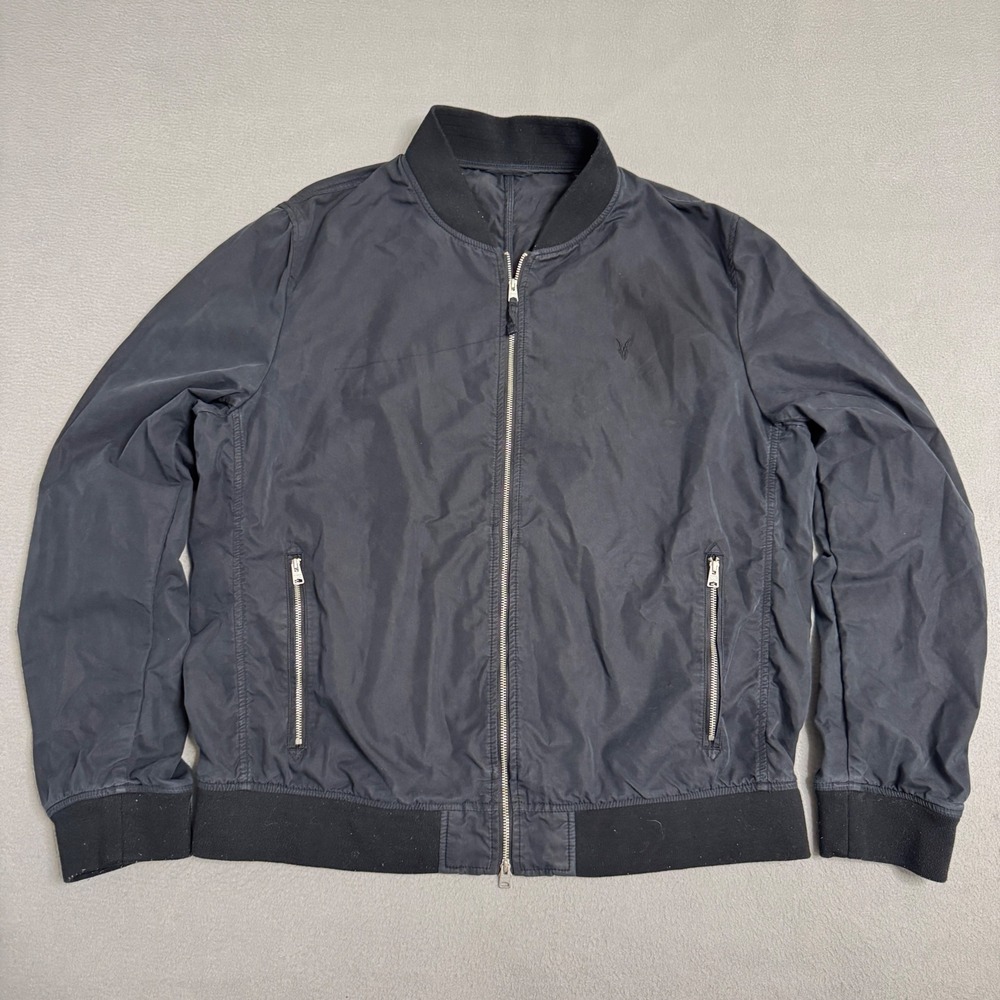 AllSaints Bassett Bomber Jacket Men XL Black Cotton Blend Ramskull Embroidered